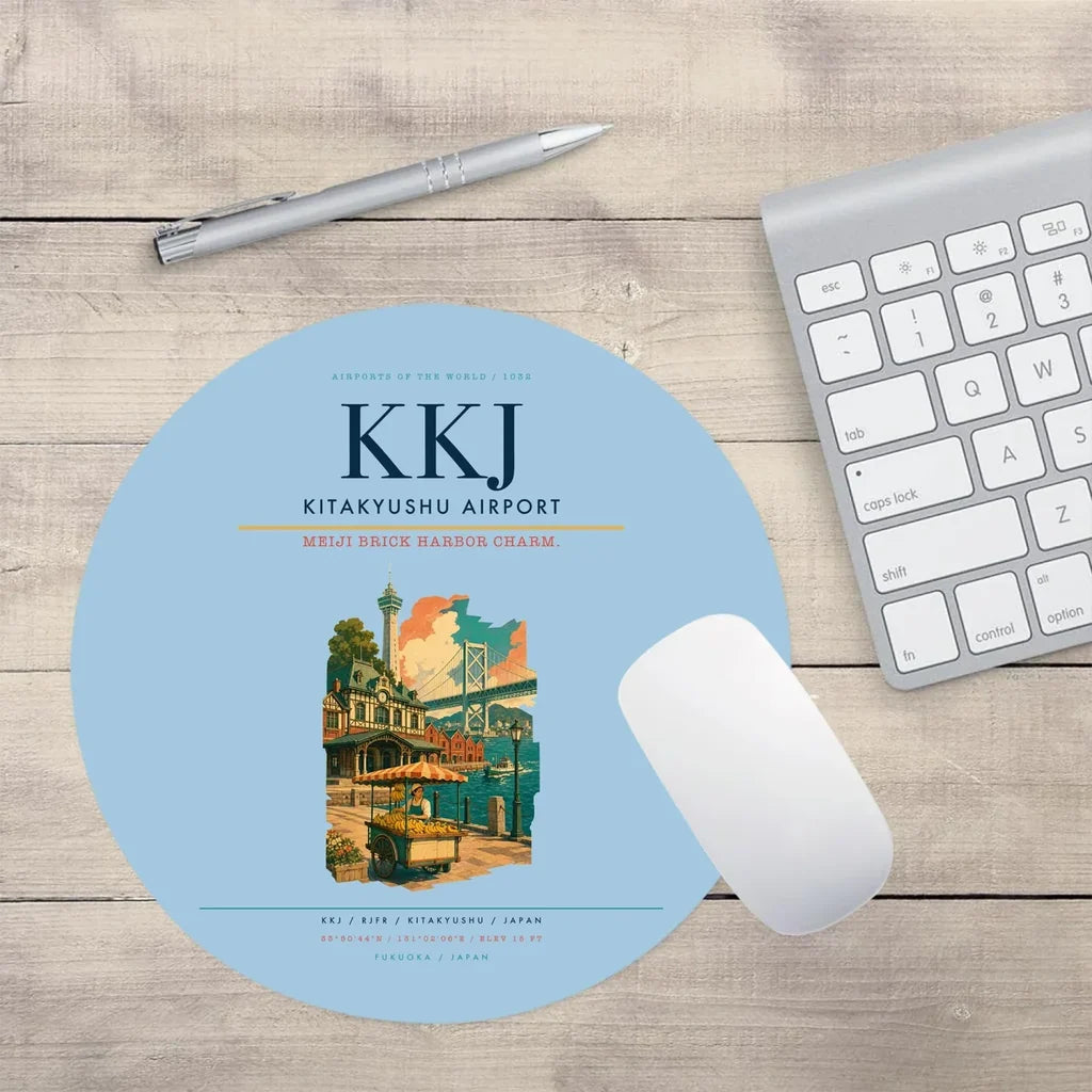 Kitakyushu Airport (KKJ) design on light blue round mouse pad