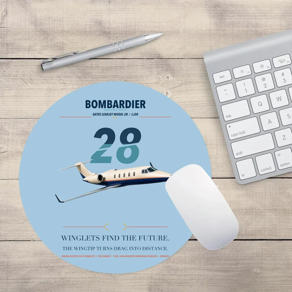 Bombardier Learjet 28 design on light blue round mouse pad