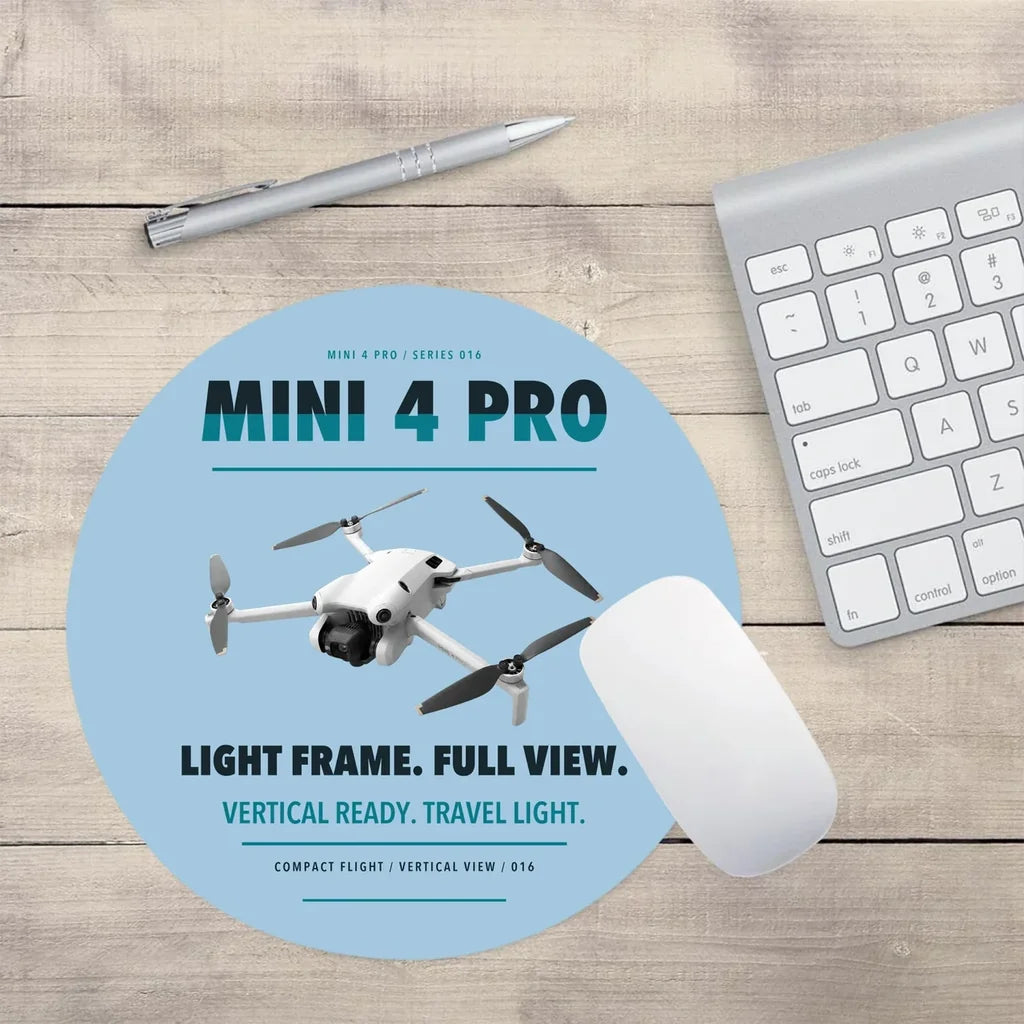 DJI Mini 4 Pro design on light blue round mouse pad