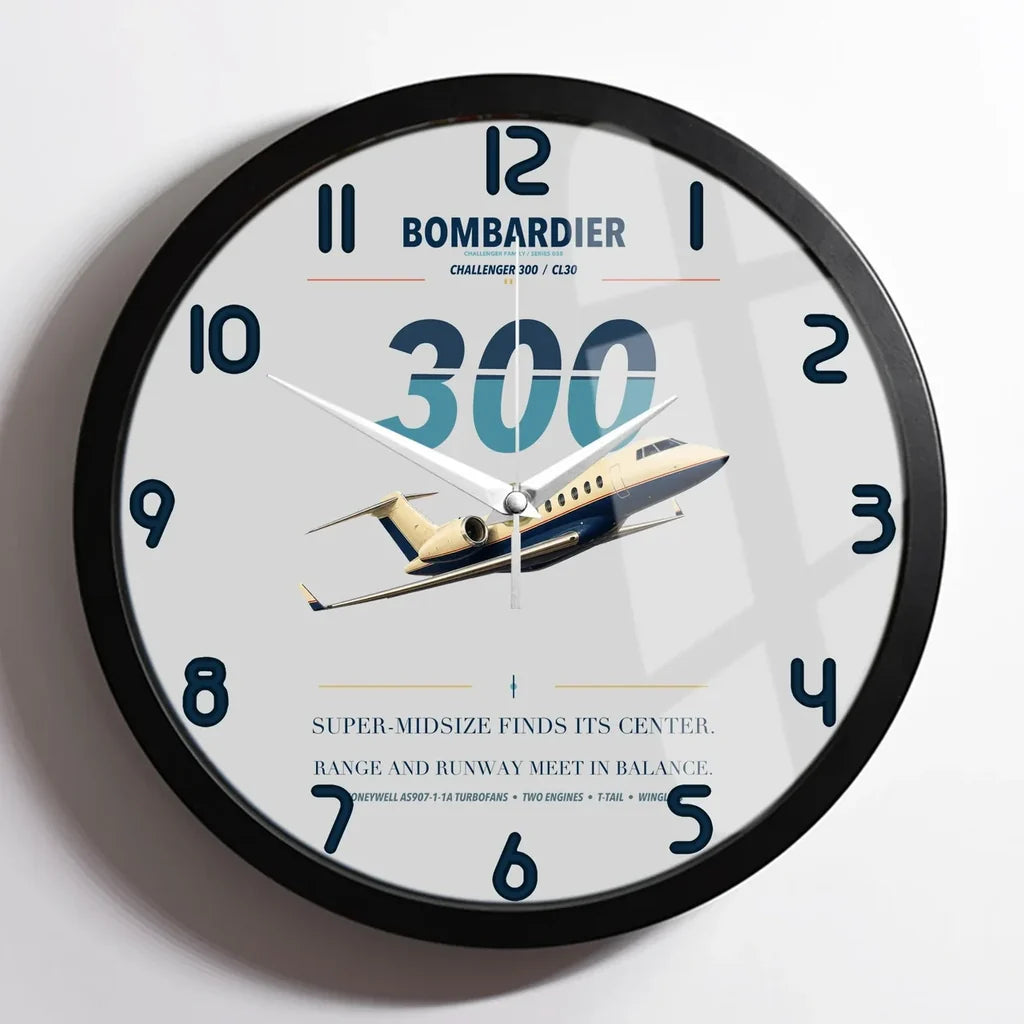 Bombardier Challenger 300 design on light gray framed wall clock