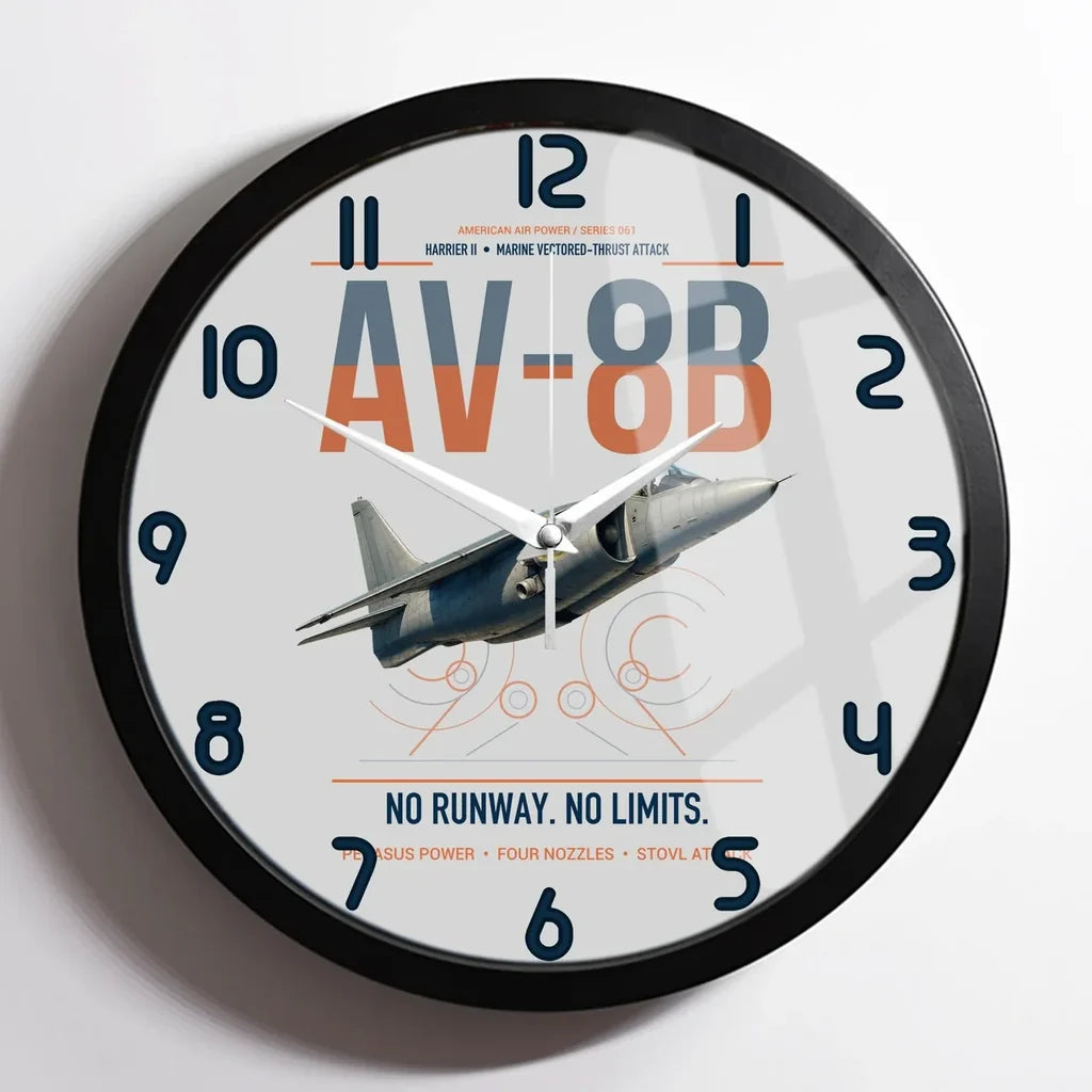 AV-8B Harrier II design on light gray framed wall clock
