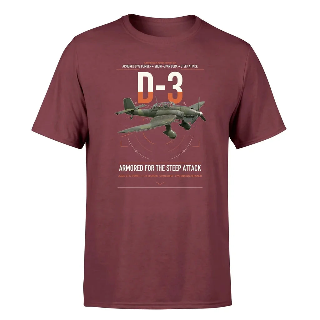 Junkers Ju 87D-3 design on dark red t-shirt, single-side print