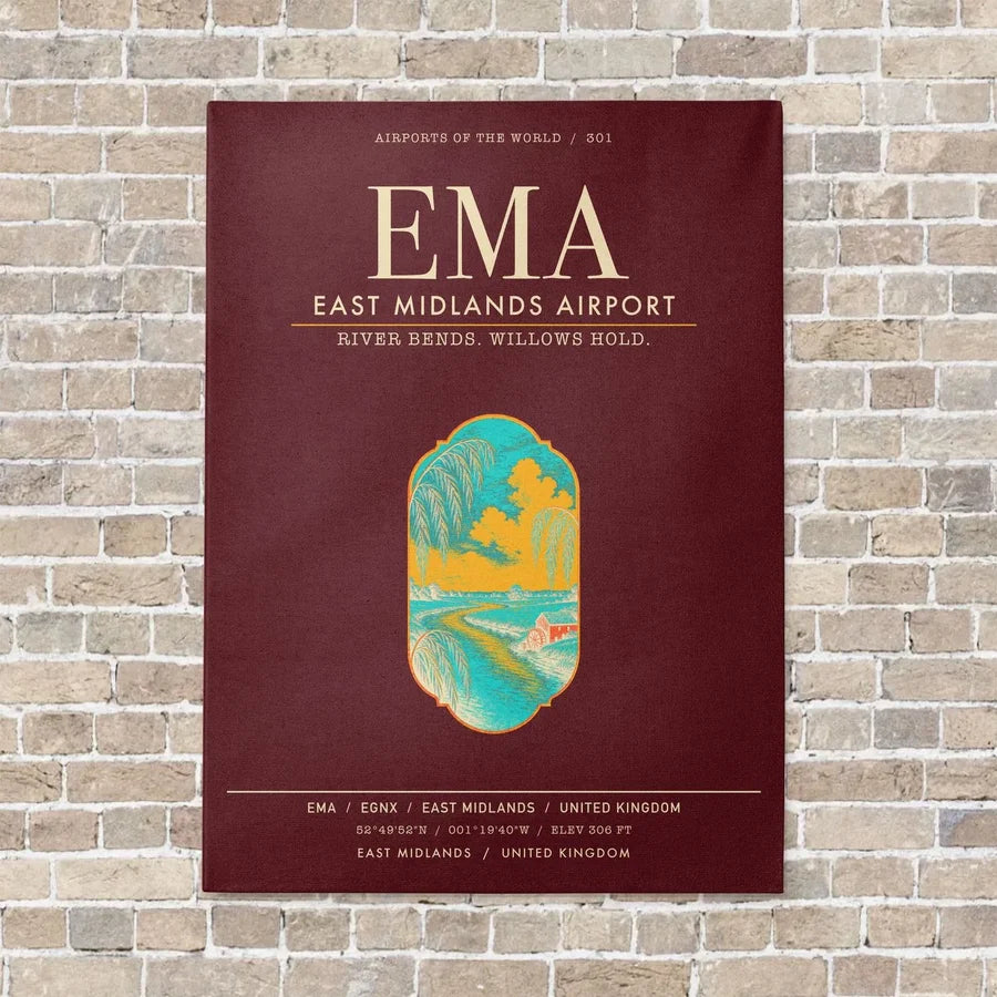 East Midlands Airport EMA vertical canvas print - no frame - dark red background