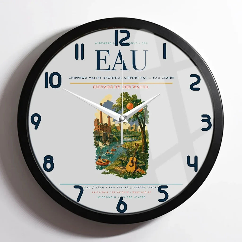 Chippewa Valley Regional Airport (EAU) design on light gray framed wall clock