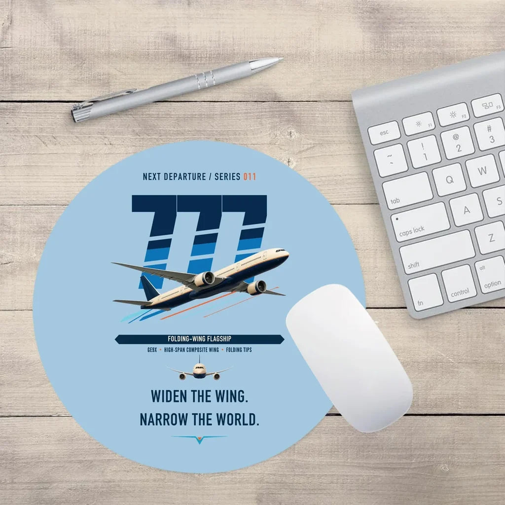 Boeing 777-9 design on light blue round mouse pad