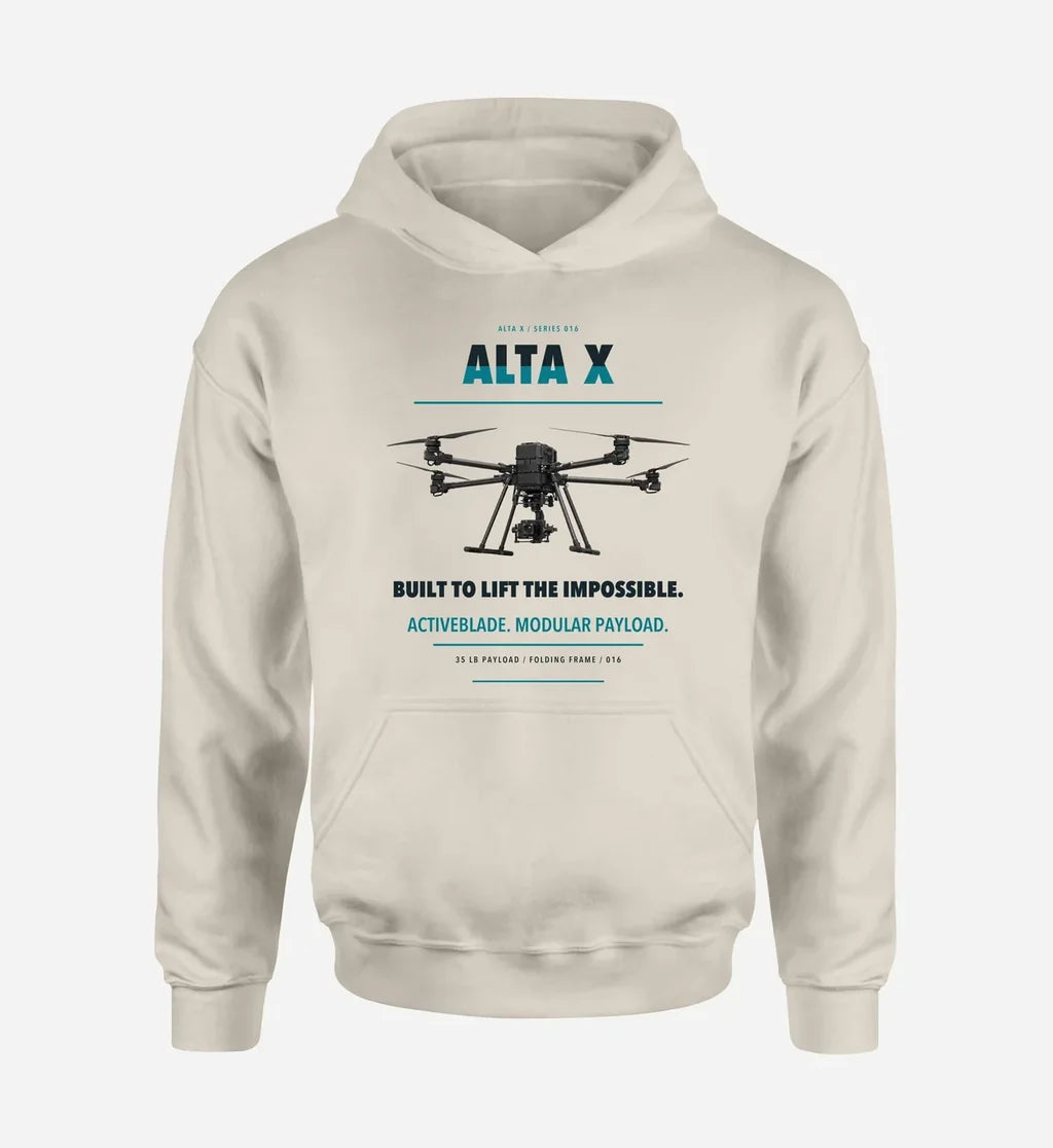 Freefly Alta X design on khaki hoodie single side