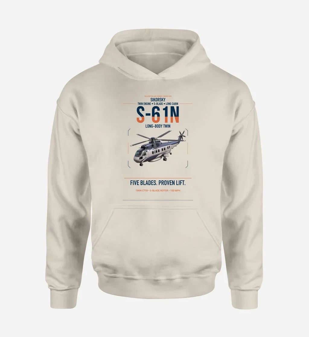 Sikorsky S-61N design on khaki double-side hoodie, single-side print