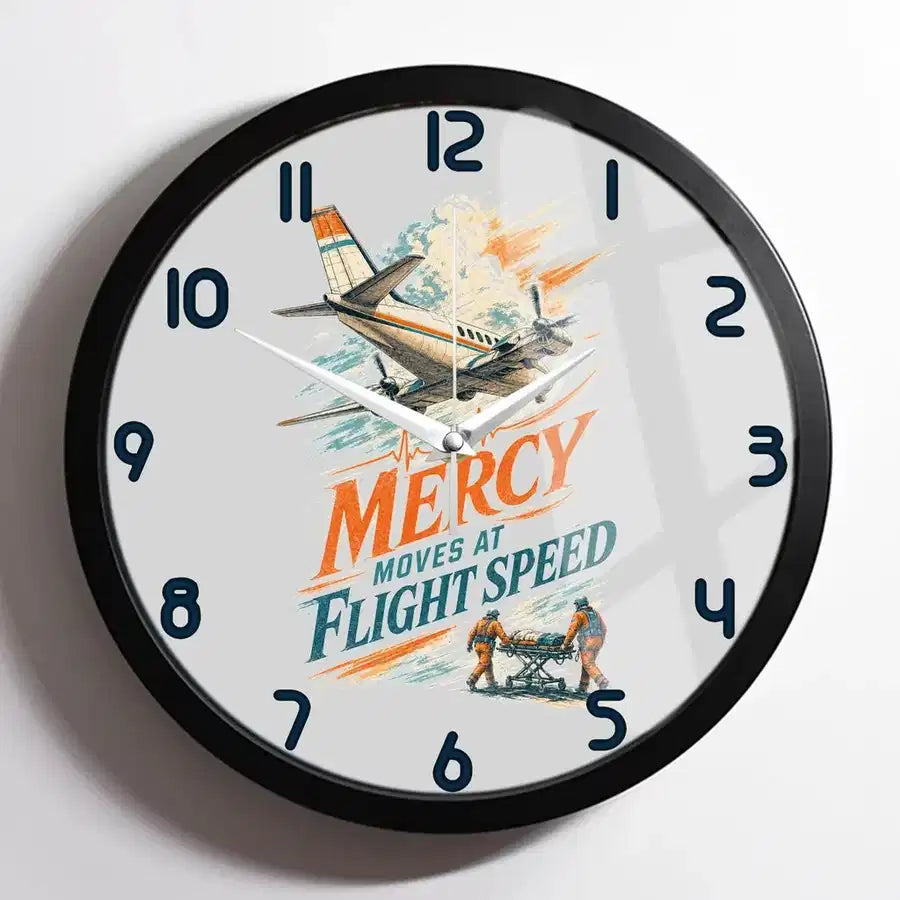Mercy Moves At Flight Speed design on light gray framed wall clock