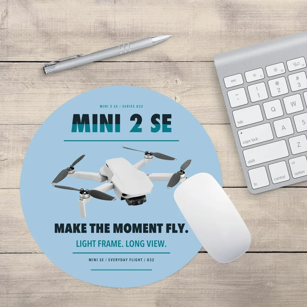 DJI Mini 2 SE design on light blue round mouse pad