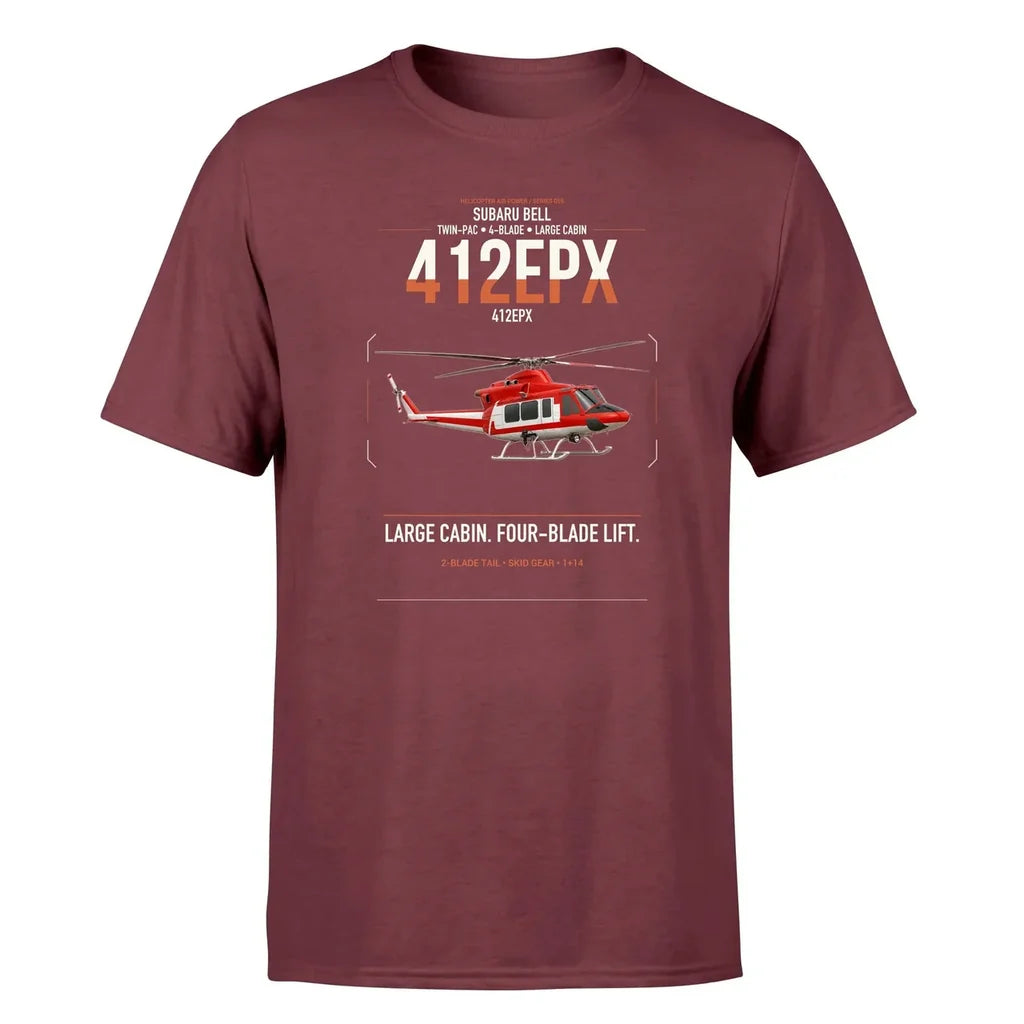 SUBARU Bell 412EPX design on dark red t-shirt, single-side print