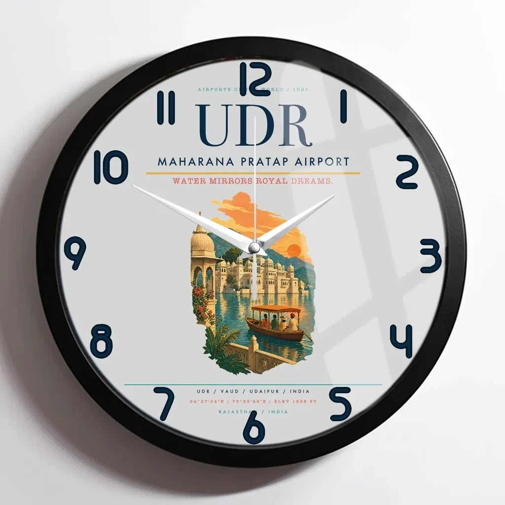 Maharana Pratap Airport (UDR) design on light gray framed wall clock