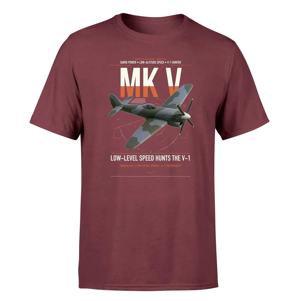 Hawker Tempest Mk V design on dark red t-shirt, single-side print