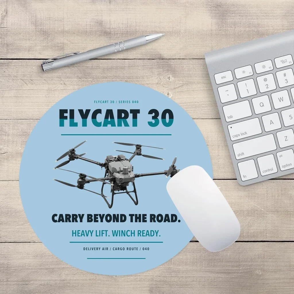 DJI FlyCart 30 design on light blue round mouse pad