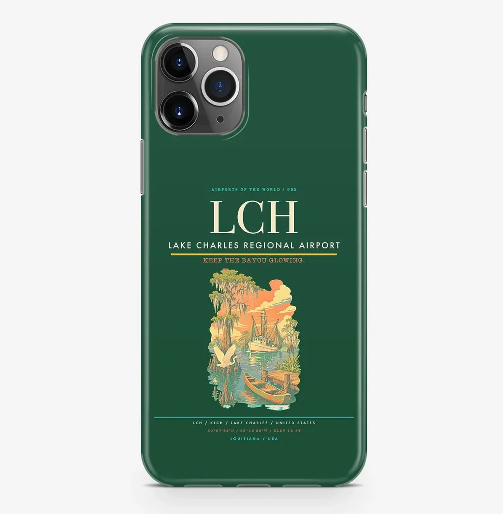 Lake Charles Airport (LCH) design on dark green iPhone 16 Pro MagSafe case