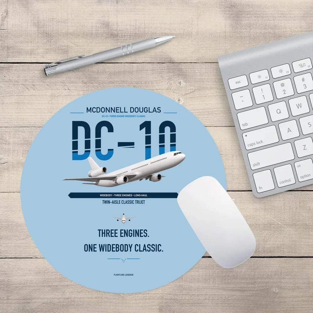 McDonnell Douglas DC-10 design on light blue round mouse pad