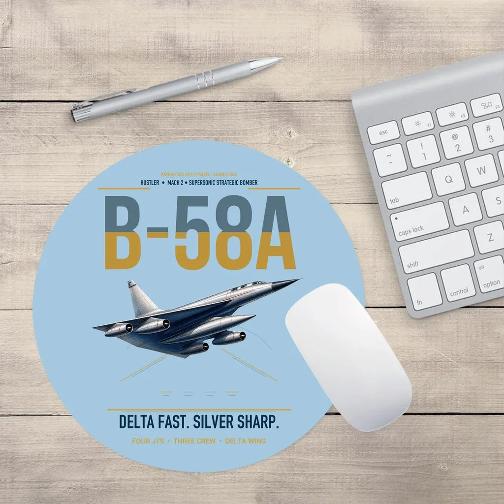 B-58A Hustler design on light blue round mouse pad