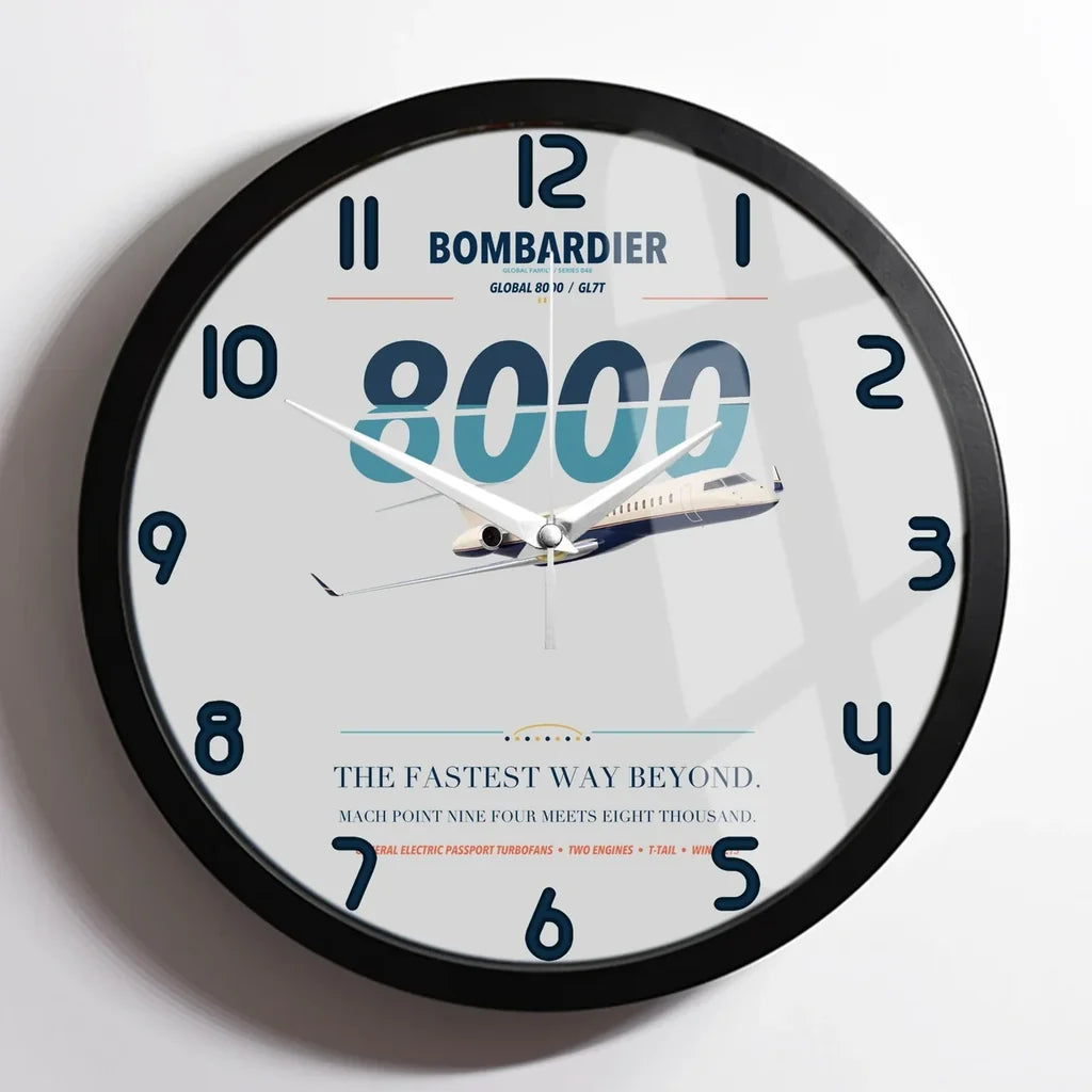 Bombardier Global 8000 design on light gray framed wall clock