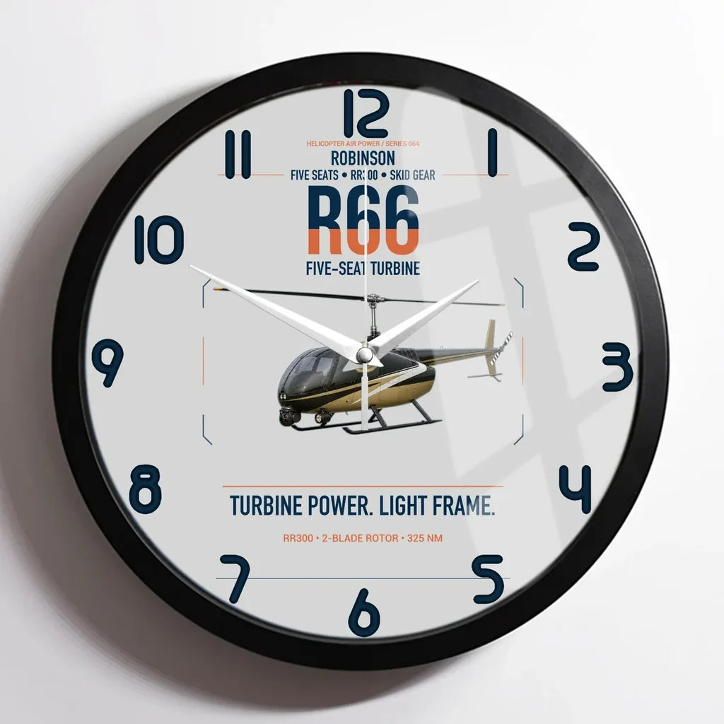 Robinson R66 design on light gray framed wall clock