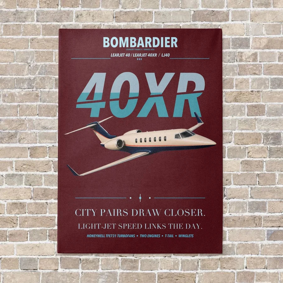 Bombardier Learjet 40XR vertical canvas print - no frame - dark red background