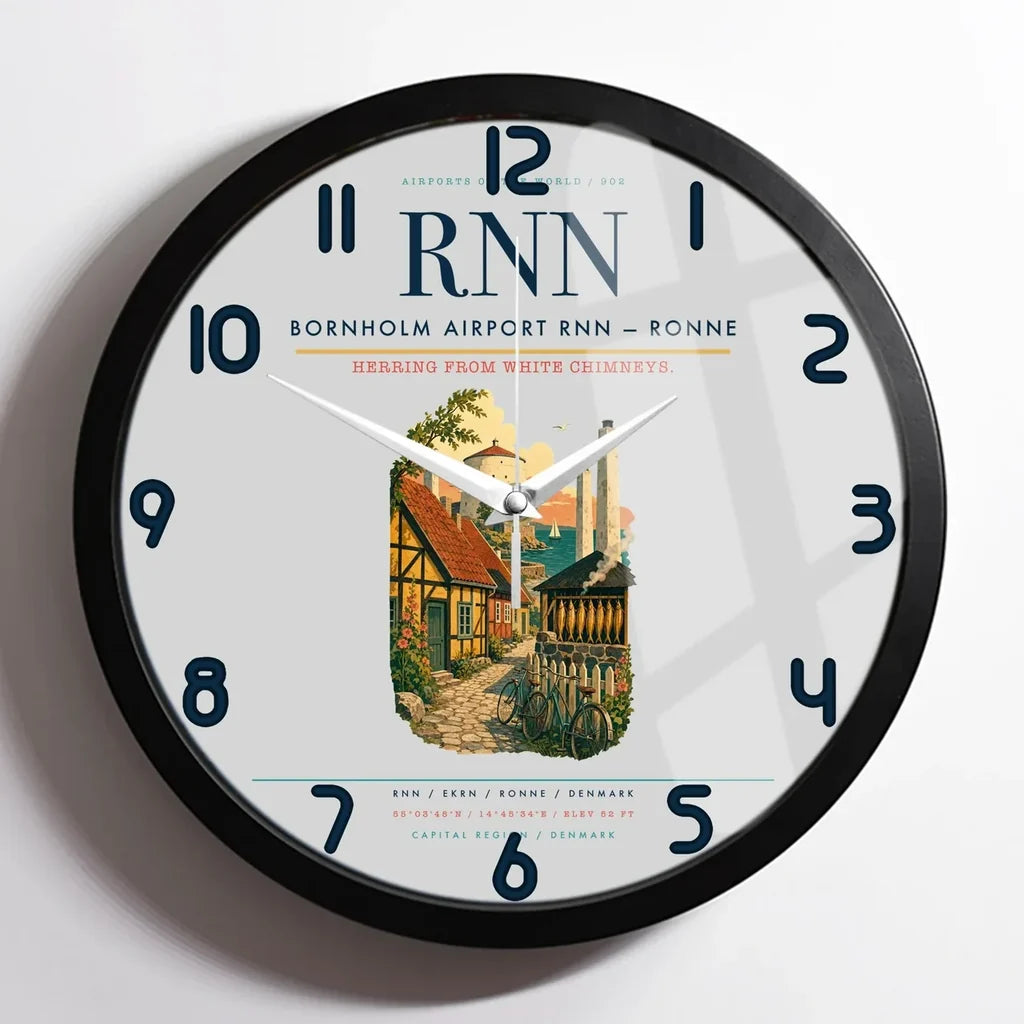 Bornholm Airport (RNN) design on light gray framed wall clock