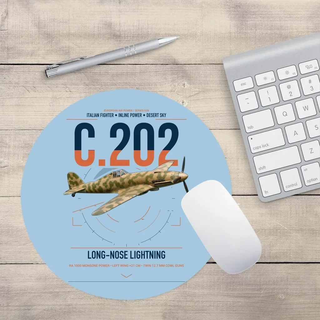 Macchi C.202 Folgore design on light blue round mouse pad