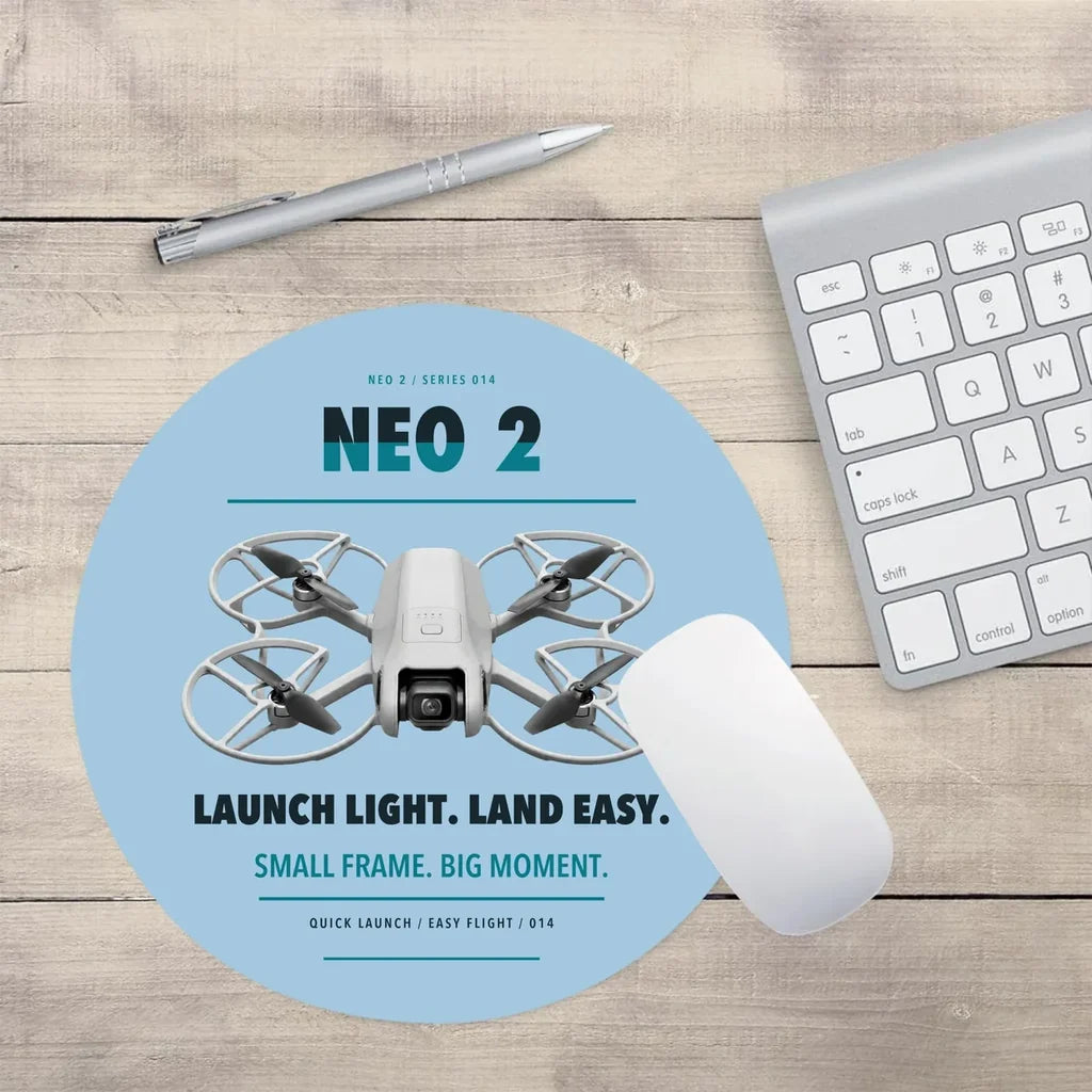 DJI Neo 2 design on light blue round mouse pad