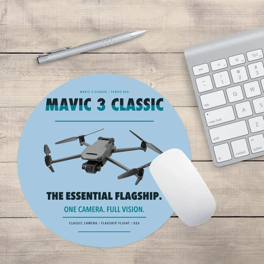 DJI Mavic 3 Classic design on light blue round mouse pad