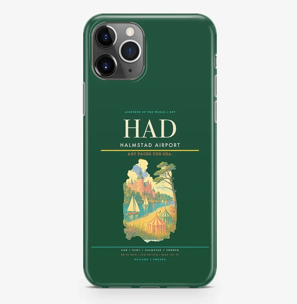 Halmstad Airport (HAD) design on dark green iPhone 16 Pro MagSafe case
