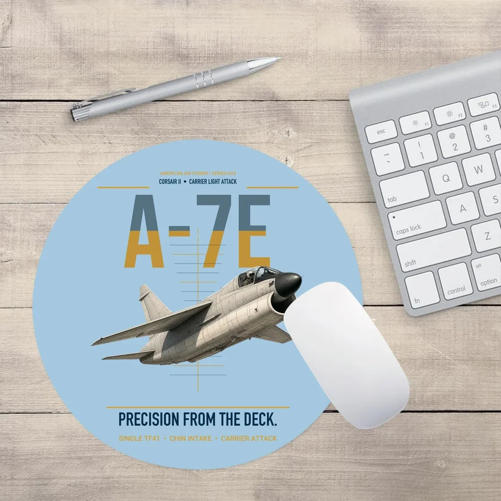 A-7E Corsair II design on light blue round mouse pad