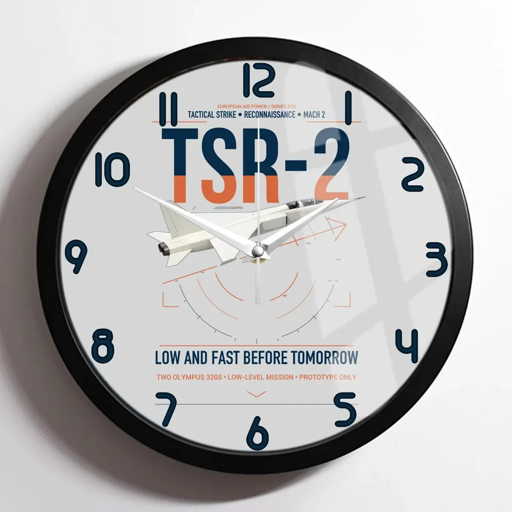 BAC TSR-2 design on light gray framed wall clock