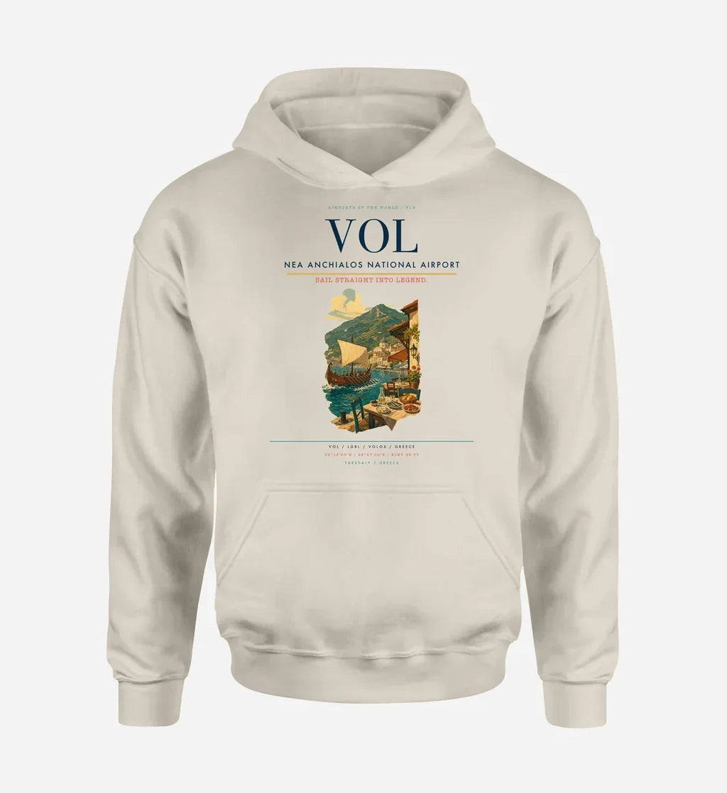 Nea Anchialos National Airport (VOL) design on khaki hoodie single-side print