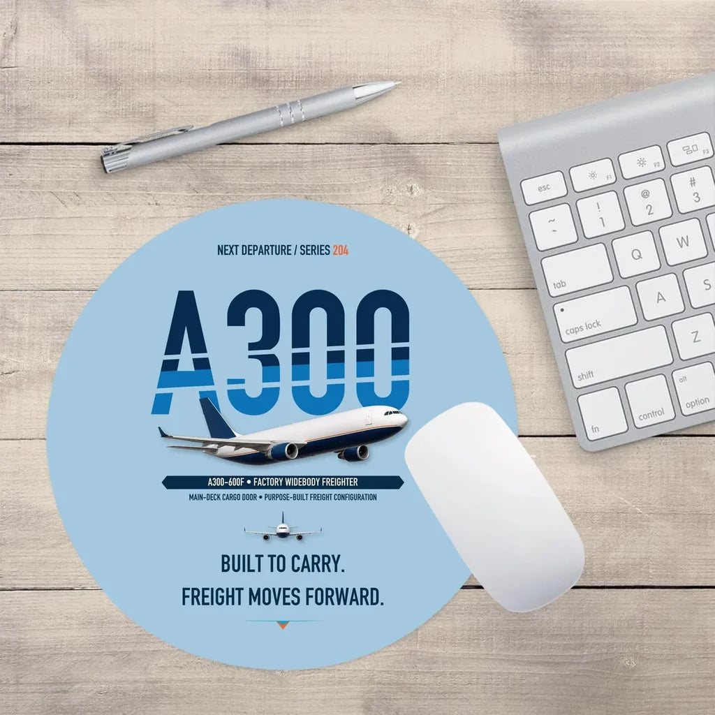 Airbus A300-600F design on light blue round mouse pad