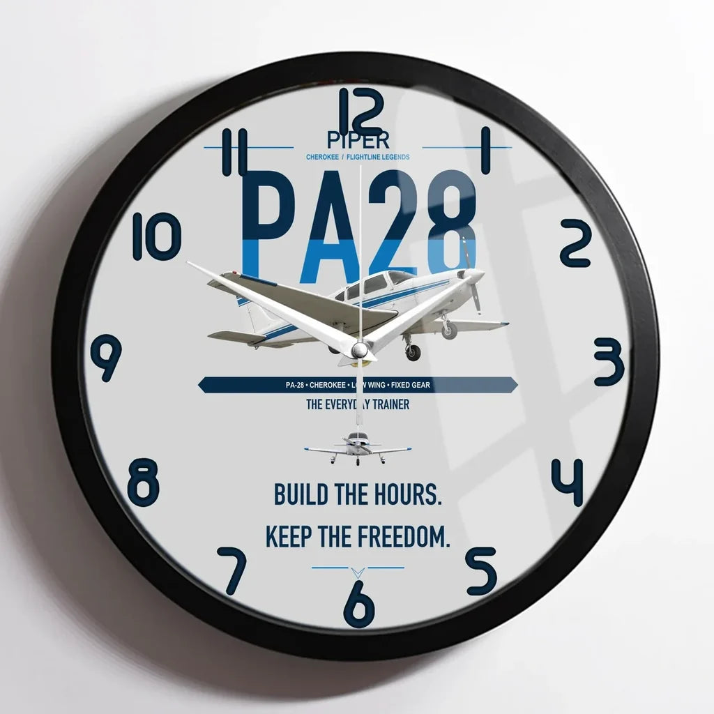Piper PA-28 Cherokee design on light gray framed wall clock