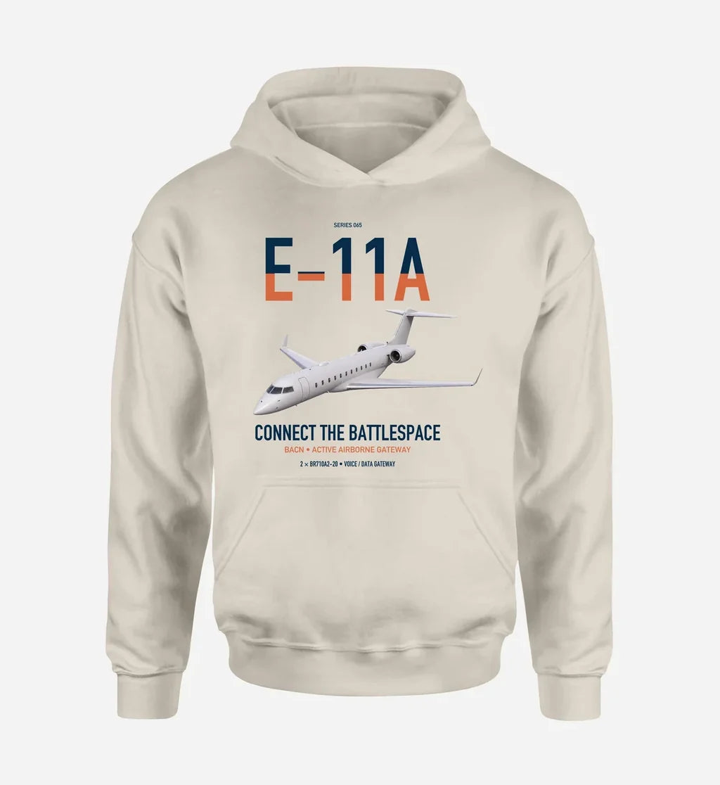 E-11A BACN design on khaki double-side hoodie, single-side print