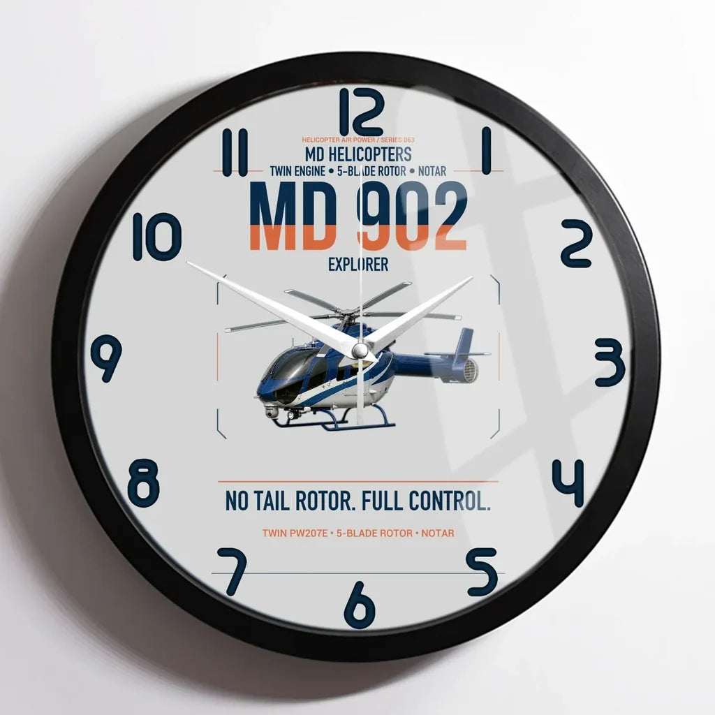 MD Helicopters MD 902 Explorer design on light gray framed wall clock