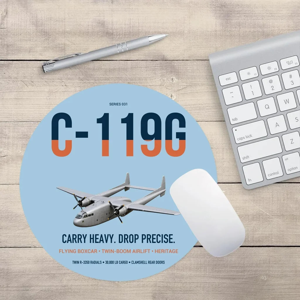 C-119G Flying Boxcar design on light blue round mouse pad