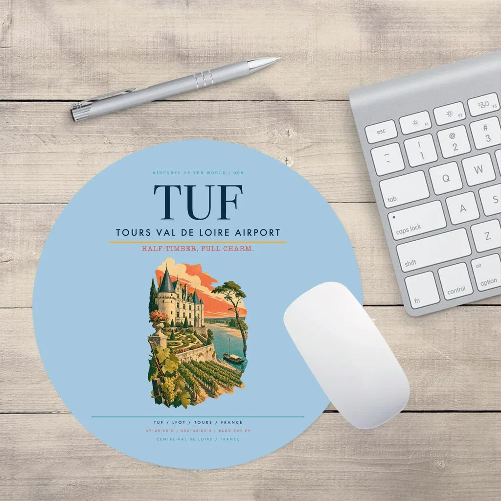 Tours Val de Loire Airport (TUF) design on light blue round mouse pad