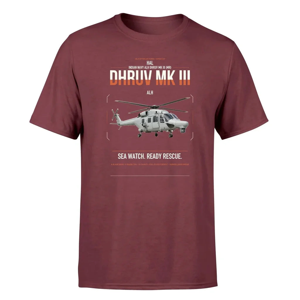 HAL ALH Dhruv Mk III design on dark red t-shirt, single-side print