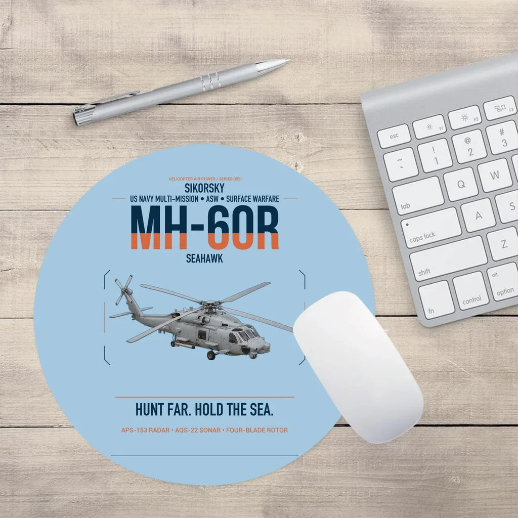 Sikorsky MH-60R Seahawk design on light blue round mouse pad