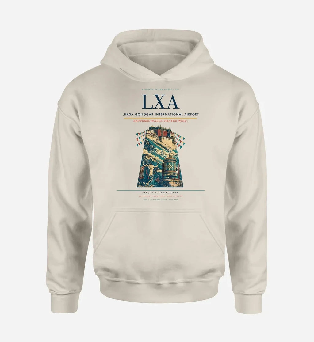 Lhasa Gonggar International Airport (LXA) design on khaki hoodie single-side print