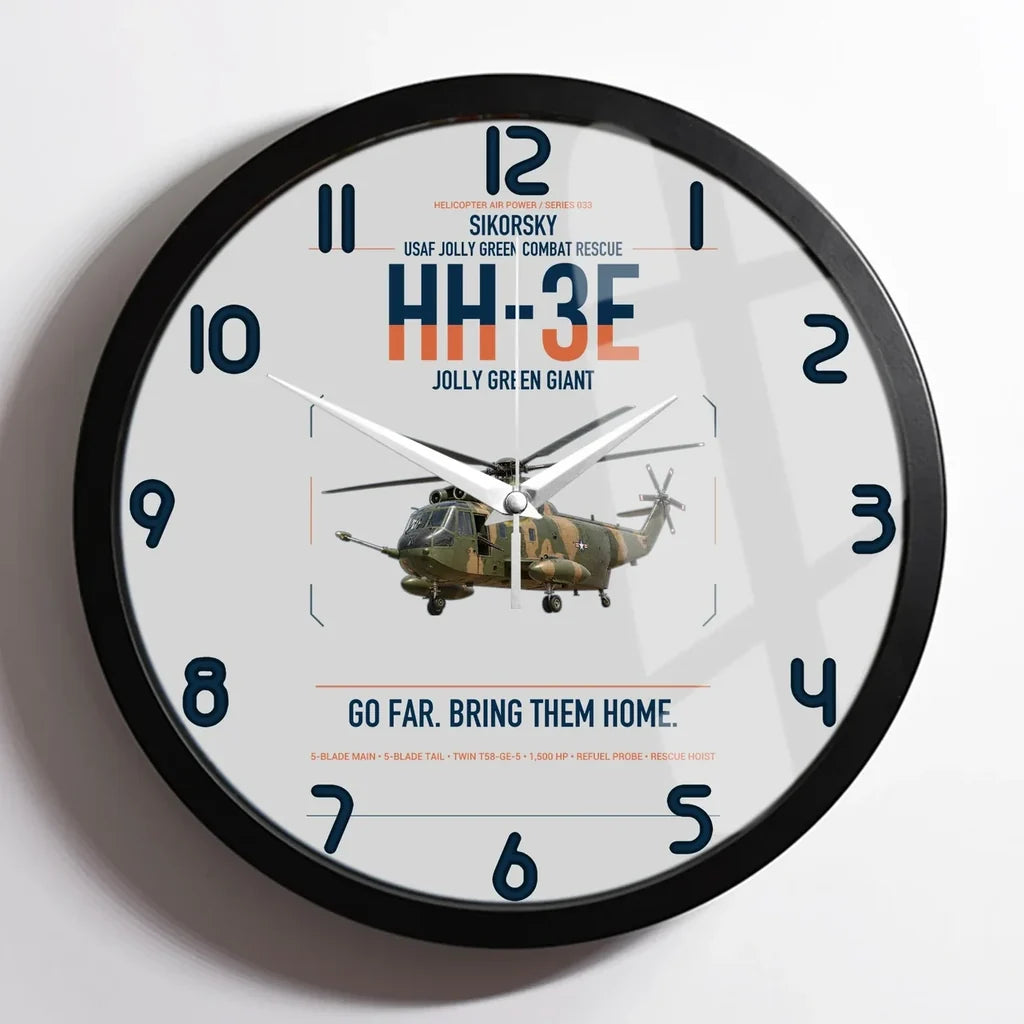 Sikorsky HH-3E Jolly Green Giant design on light gray framed wall clock