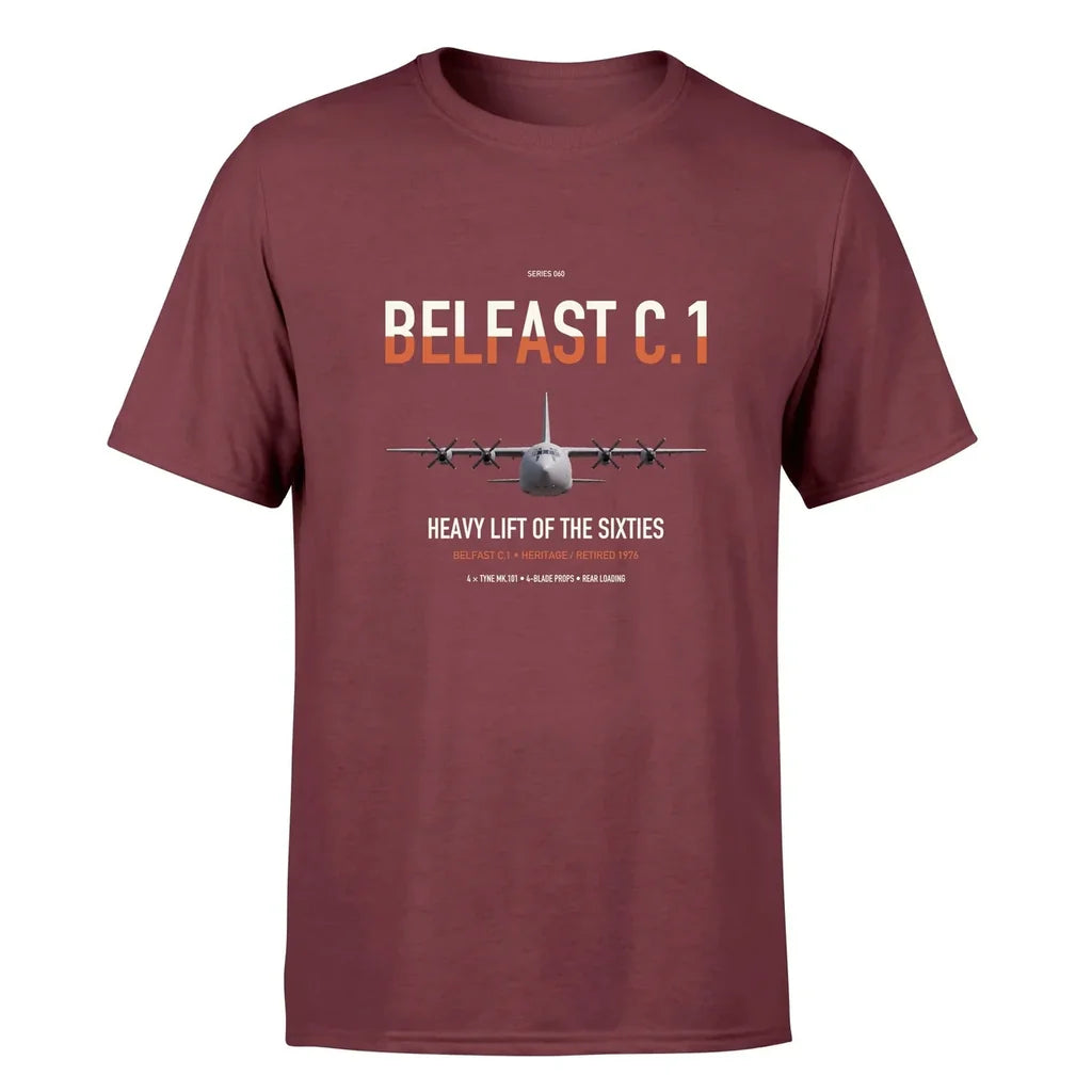 Short Belfast C.1 design on dark red double-side t-shirt, single-side print