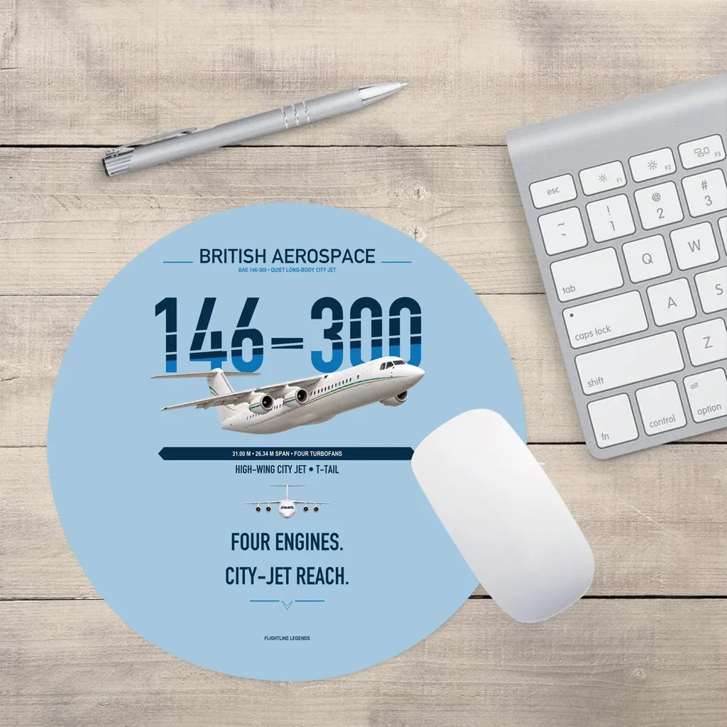 BAe 146-300 design on light blue round mouse pad