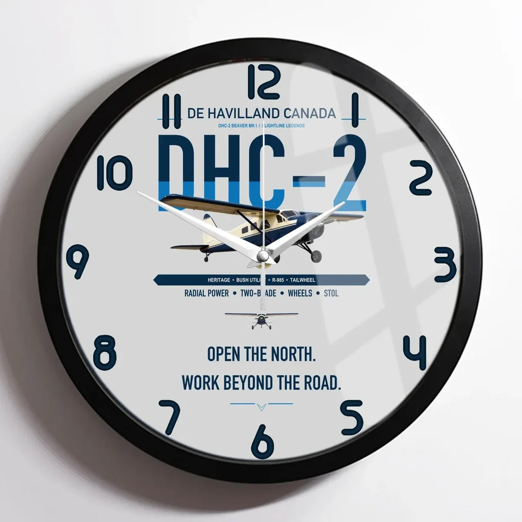 DHC-2 Beaver Mk I design on light gray framed wall clock
