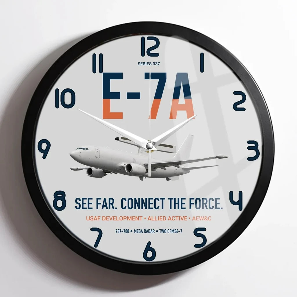 E-7A Wedgetail design on light gray framed wall clock