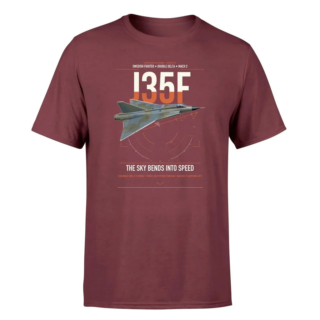 Saab J 35F Draken design on dark red t-shirt, single-side print