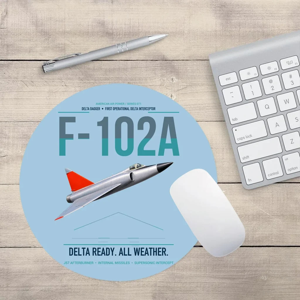 F-102A Delta Dagger design on light blue round mouse pad