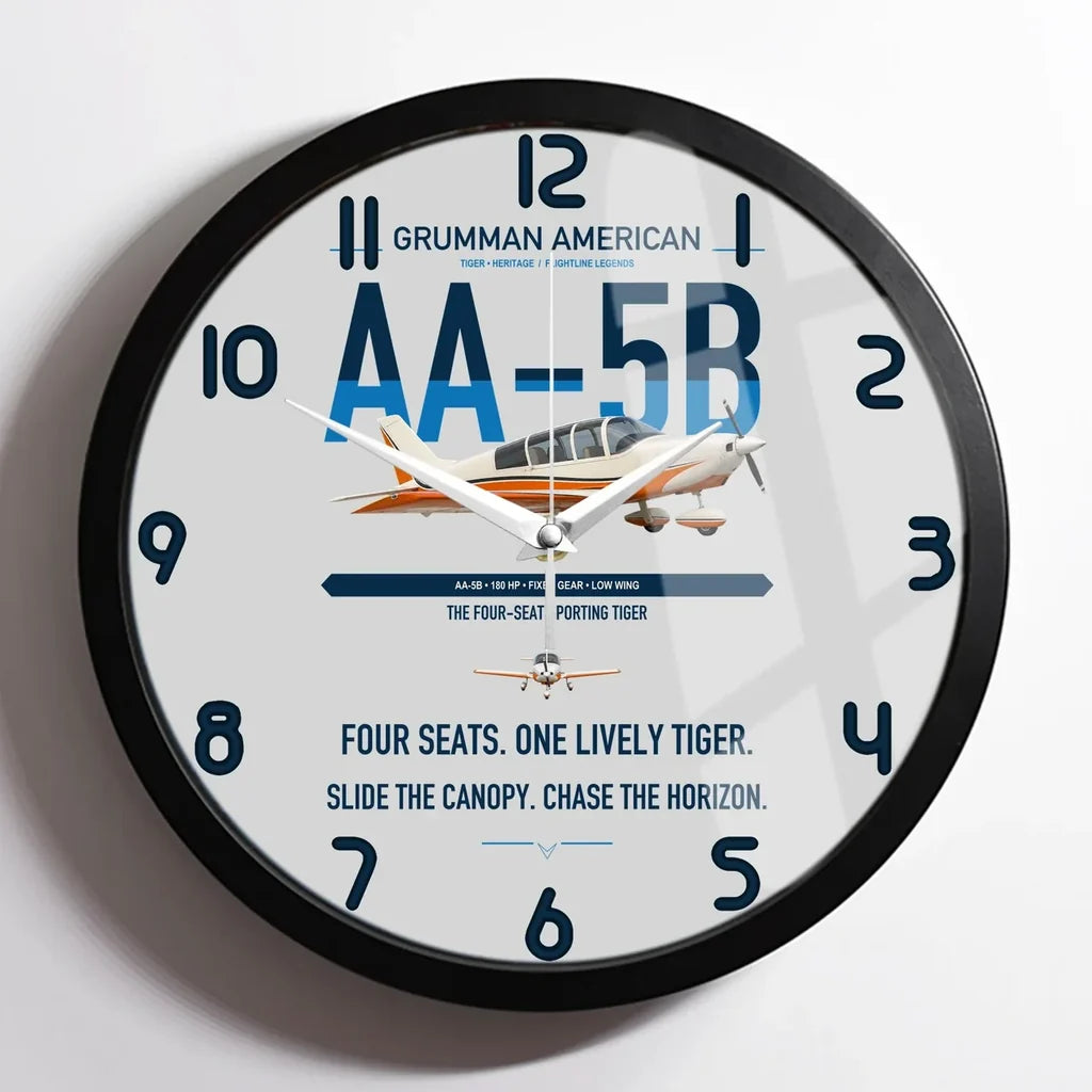 Grumman American AA-5B Tiger design on light gray framed wall clock