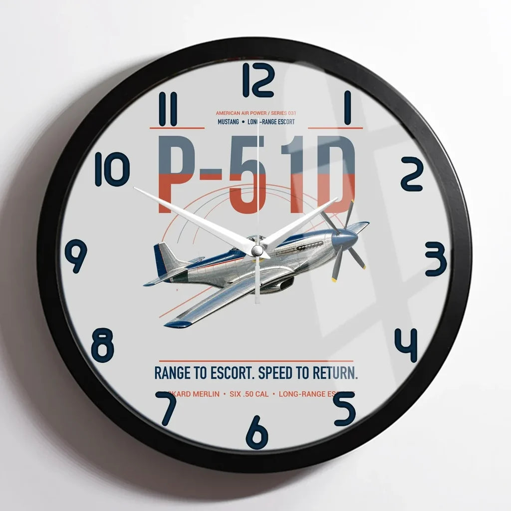 P-51D Mustang design on light gray framed wall clock