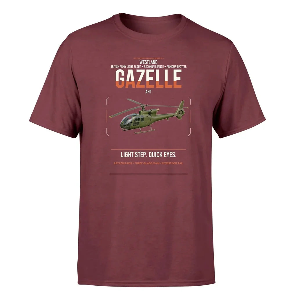Westland Gazelle AH1 design on dark red t-shirt, single-side print